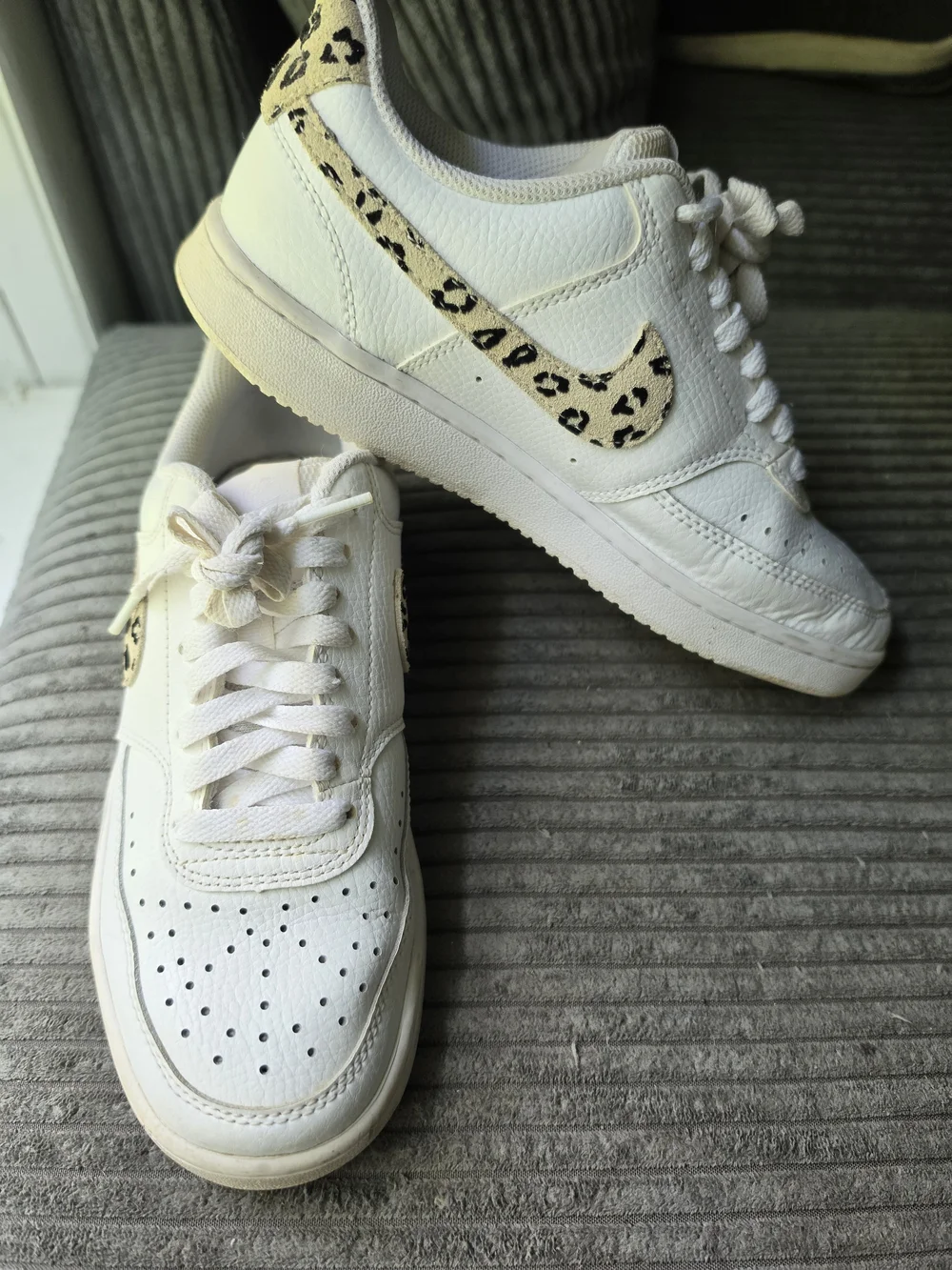 White Womens Nike Leather Low-Top Sneakers with Leopard Accent